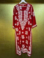 Chikankari Kurti Shirt Top Petal Floral Border Red
