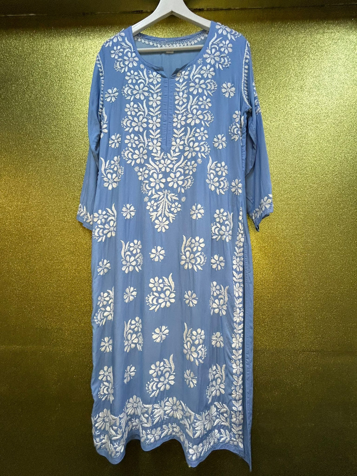 Chikankari Kurti Shirt Top Petal Floral Border Sky Blue