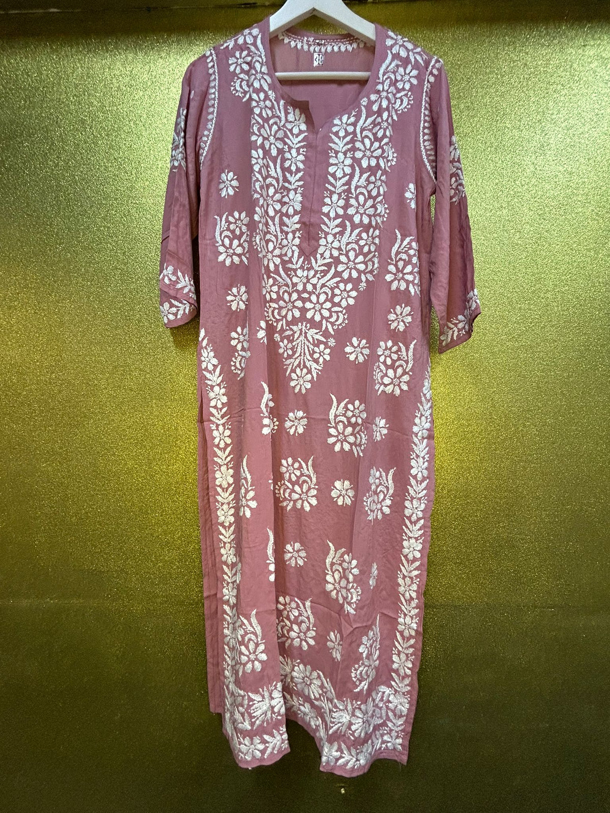Chikankari Kurti Shirt Top Petal Floral Border Tea Pink