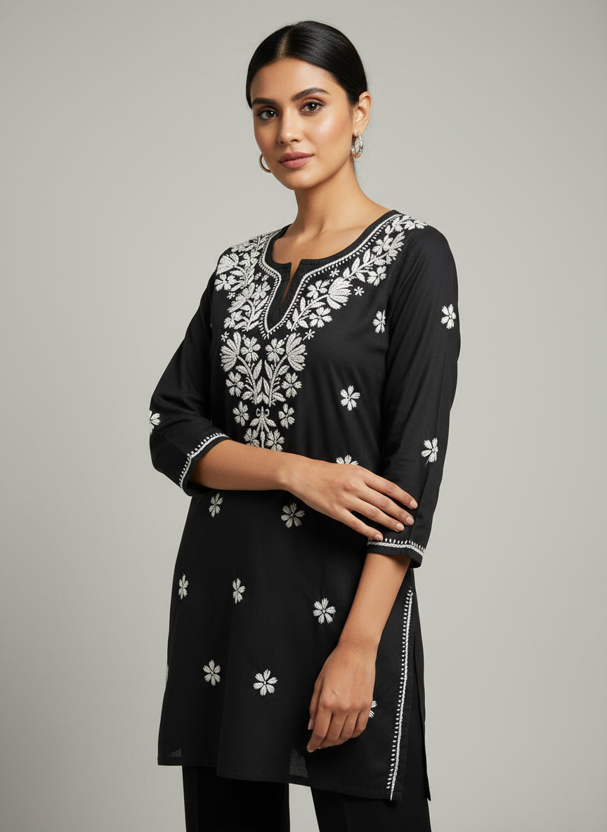 Chikankari short kurti, black with hand embroidery