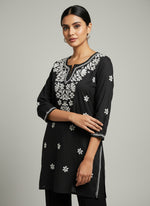 Chikankari short kurti, black with hand embroidery