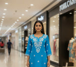 Chikankari short kurti, blue with hand embroidery