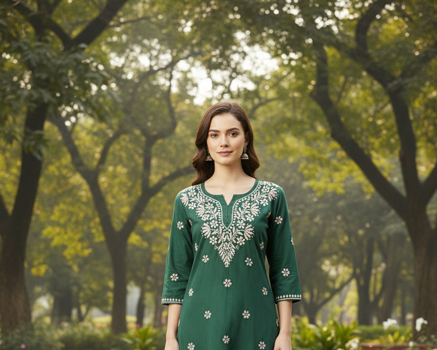Chikankari short kurti, bottle green with hand embroidery