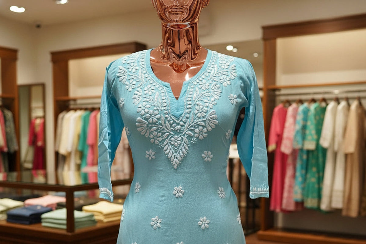 Close-up of Chikankari handwork on short kurti