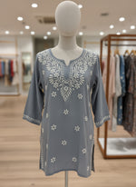 Chikankari short kurti, grey with hand embroidery