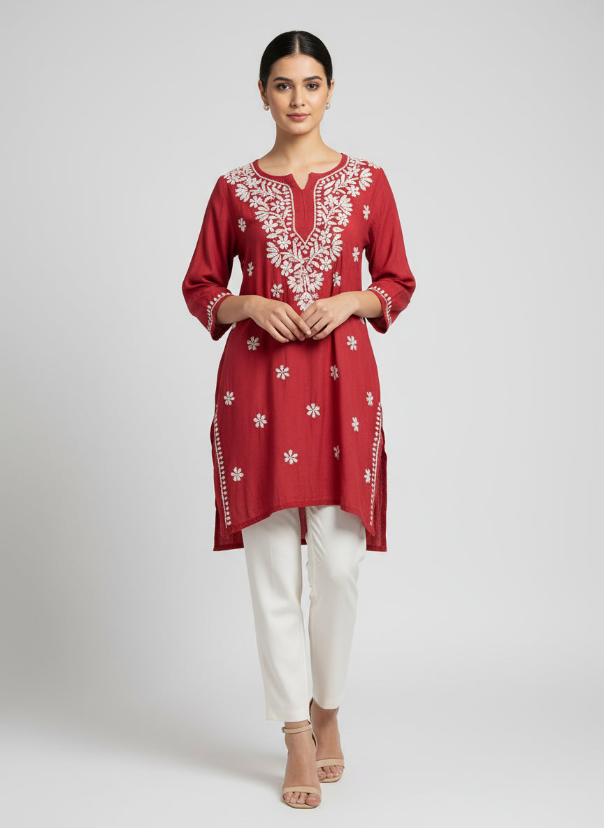 Chikankari short kurti, maroon with hand embroidery