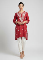 Chikankari short kurti, maroon with hand embroidery