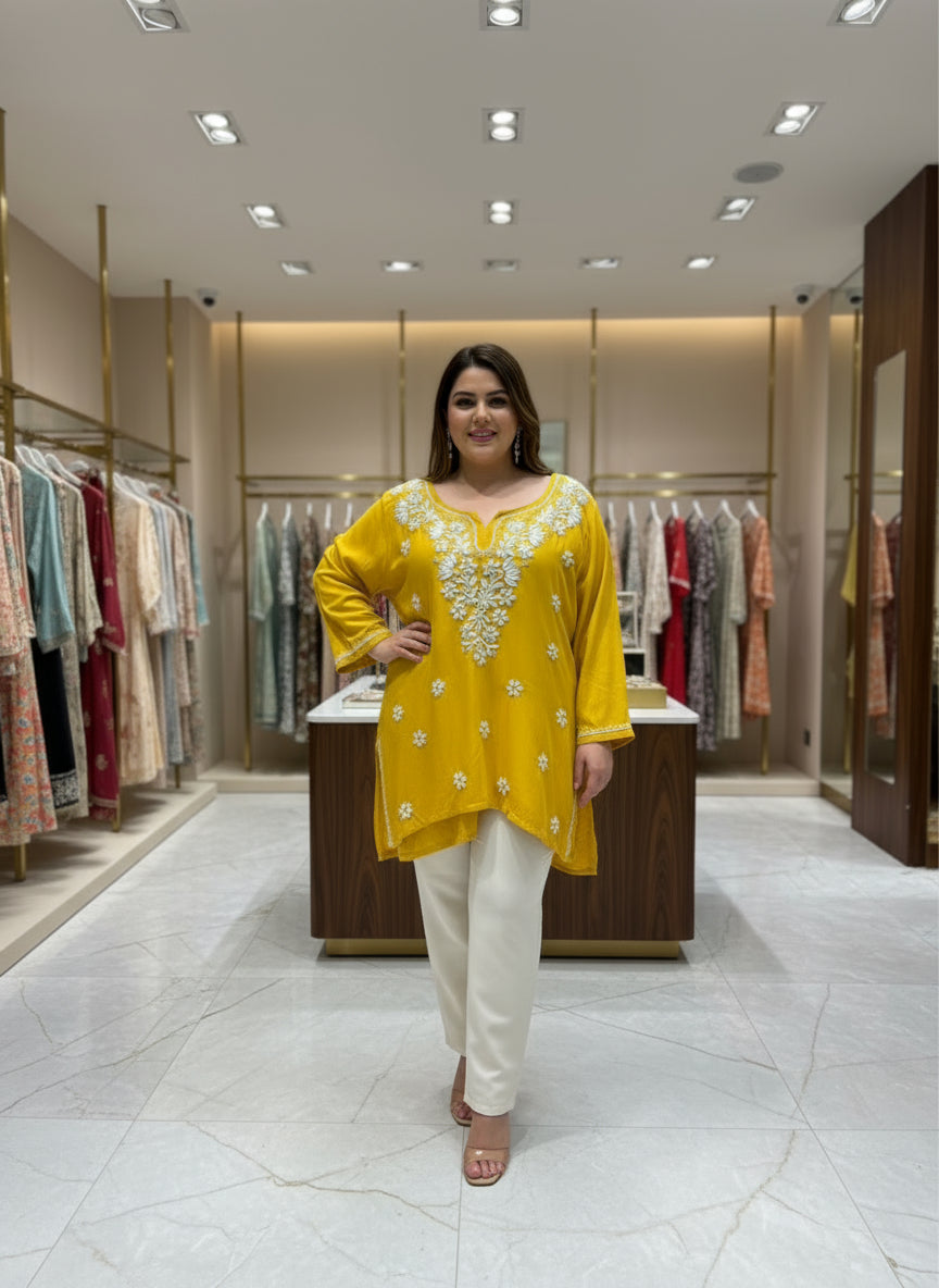 Chikankari short kurti, mustard with hand embroidery