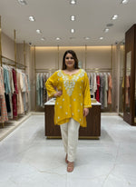 Chikankari short kurti, mustard with hand embroidery