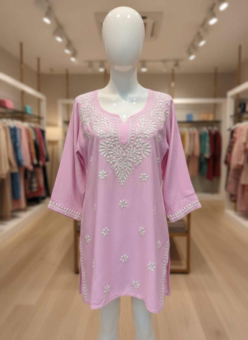 Chikankari short kurti, pink with hand embroidery