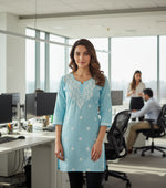 Chikankari short kurti, sky blue with hand embroidery