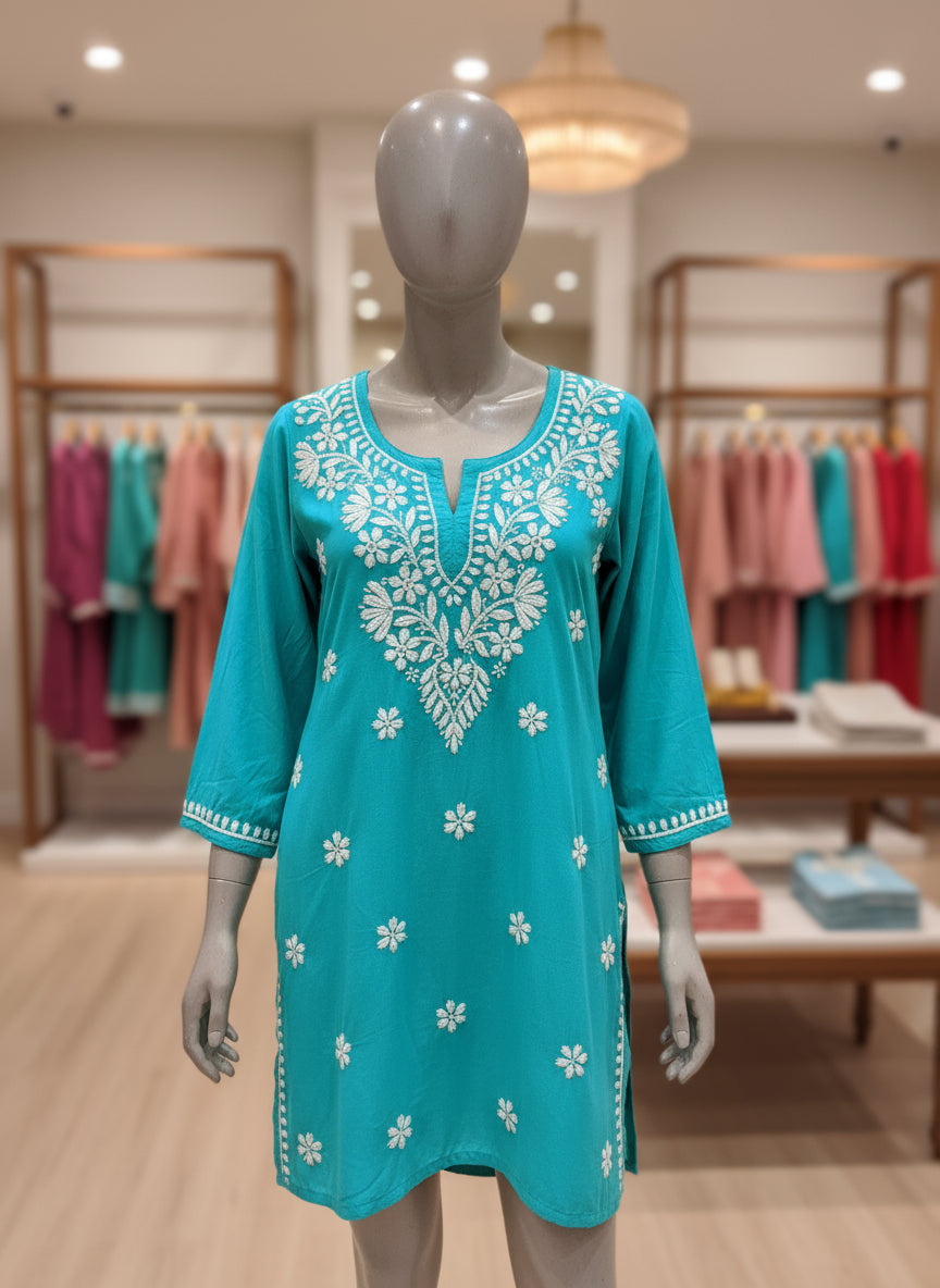 Chikankari short kurti, turquoise with hand embroidery