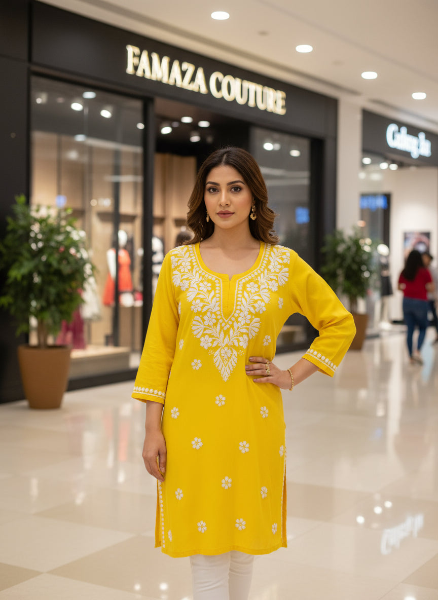 Chikankari short kurti, yellow with hand embroidery