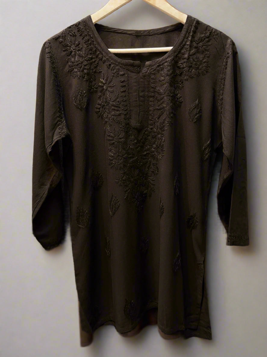 Chikankari embroidered short kurti tone on tone style in Black