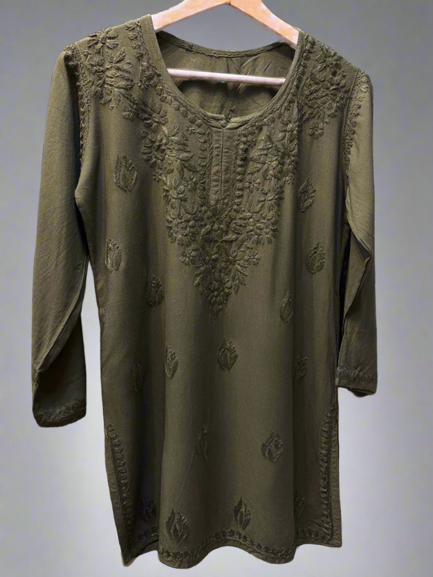 Chikankari embroidered short kurti tone on tone style in Bottle Green