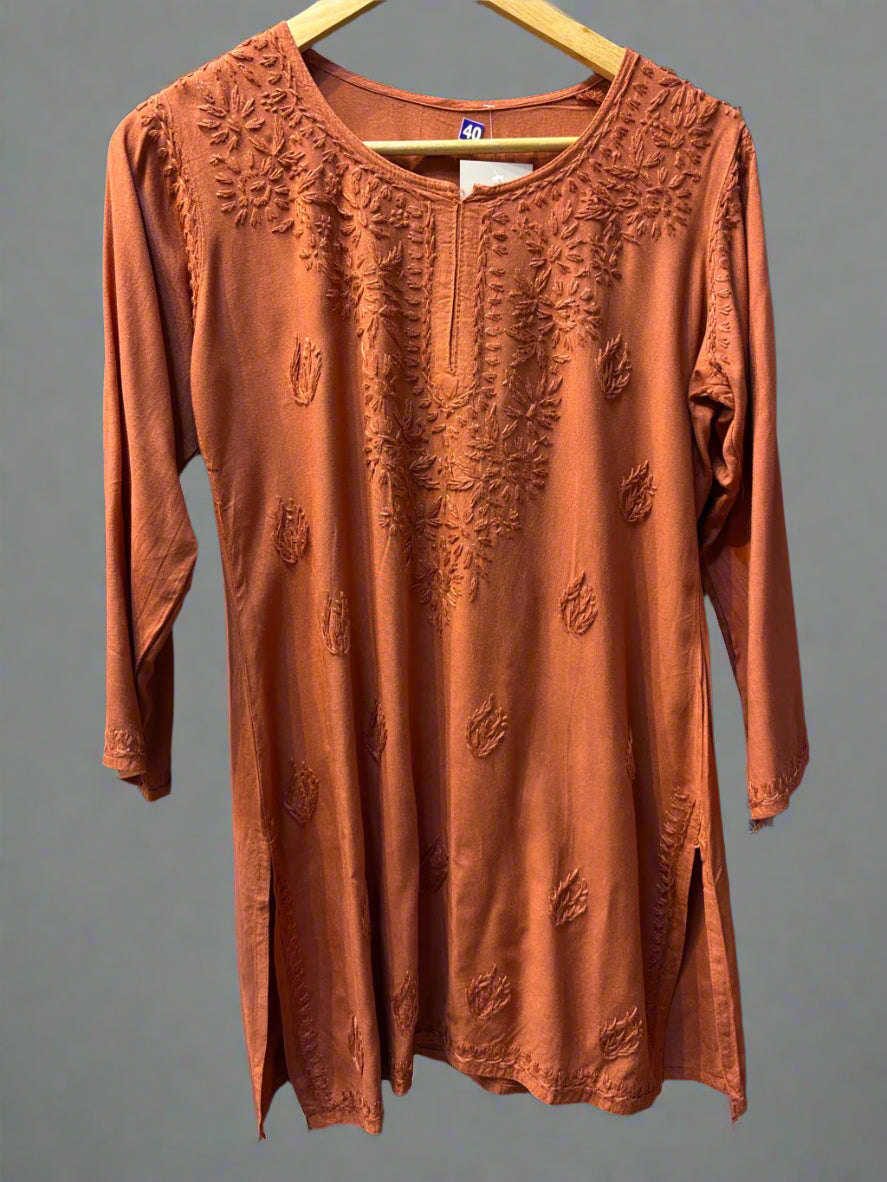 Chikankari embroidered short kurti tone on tone style in Bronze