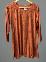 Chikankari embroidered short kurti tone on tone style in Bronze