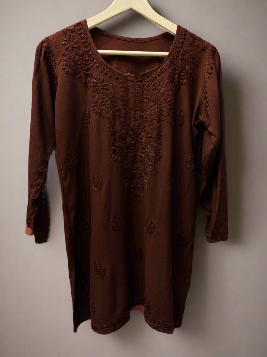 Chikankari embroidered short kurti tone on tone style in Brown