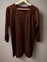 Chikankari embroidered short kurti tone on tone style in Brown