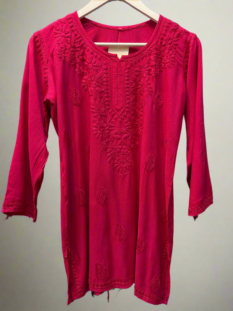 Chikankari embroidered short kurti tone on tone style in Hot Pink
