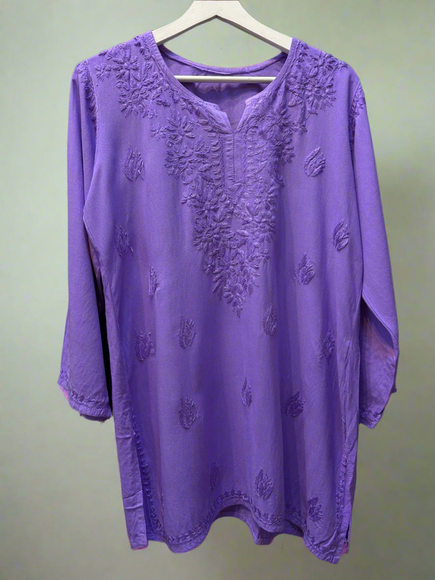 Chikankari embroidered short kurti tone on tone style in Lavender
