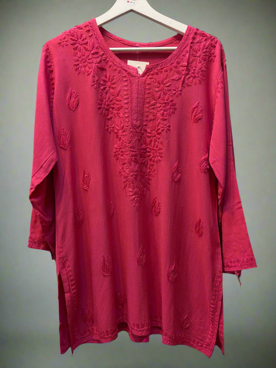 Chikankari embroidered short kurti tone on tone style in Magenta