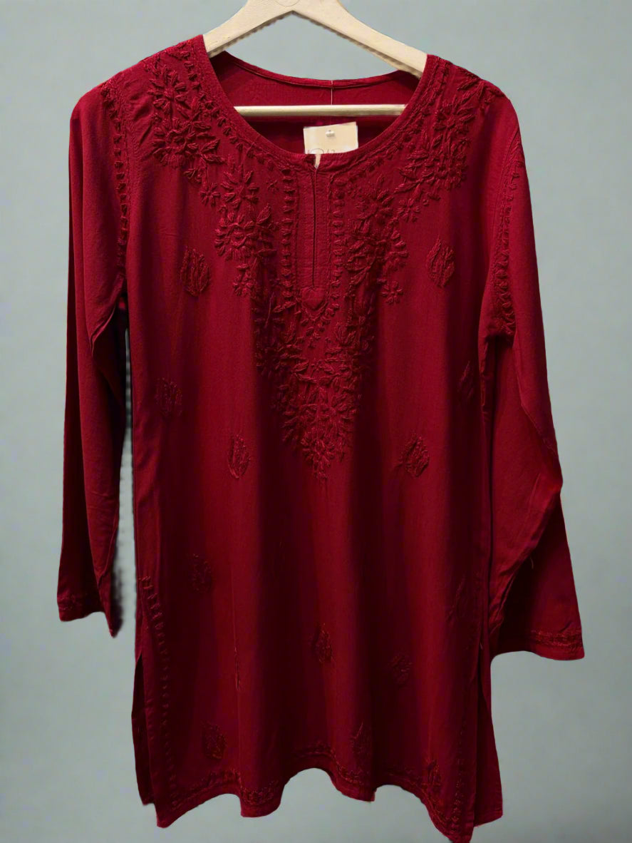 Chikankari embroidered short kurti tone on tone style in Maroon