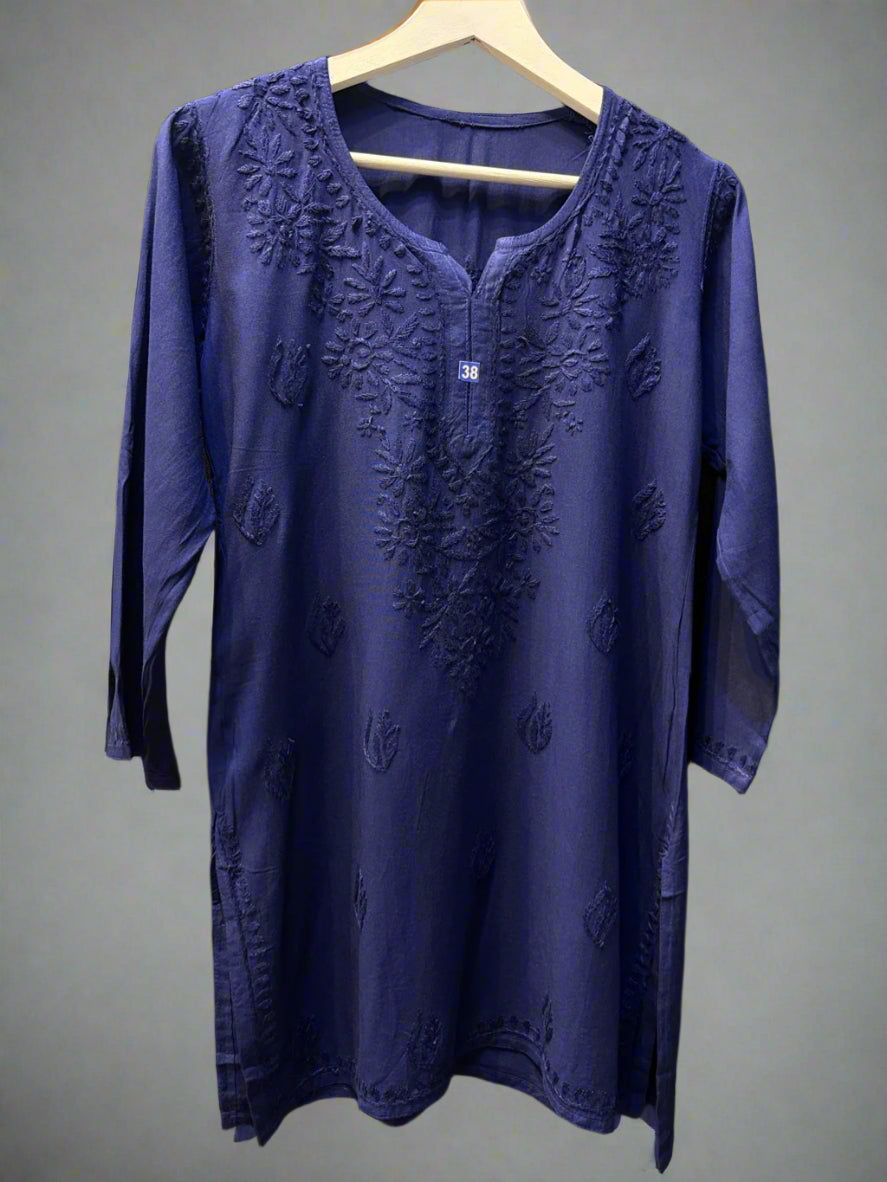 Chikankari embroidered short kurti tone on tone style in Navy Blue