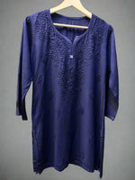 Chikankari embroidered short kurti tone on tone style in Navy Blue