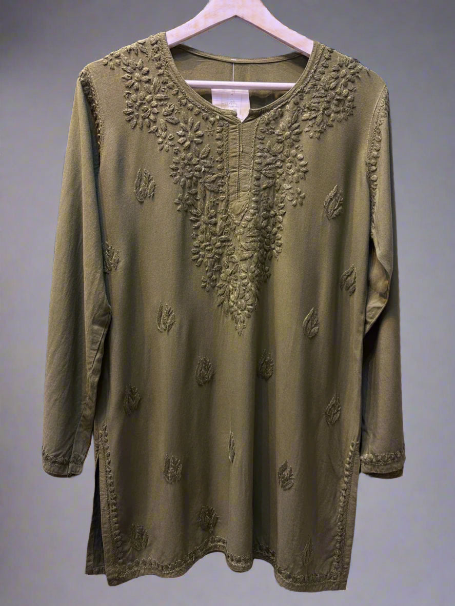 Chikankari embroidered short kurti tone on tone style in Olive Green front view
