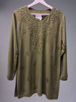 Chikankari embroidered short kurti tone on tone style in Olive Green front view
