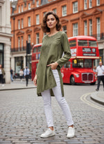 Chikankari embroidered short kurti tone on tone style in Olive Green front view