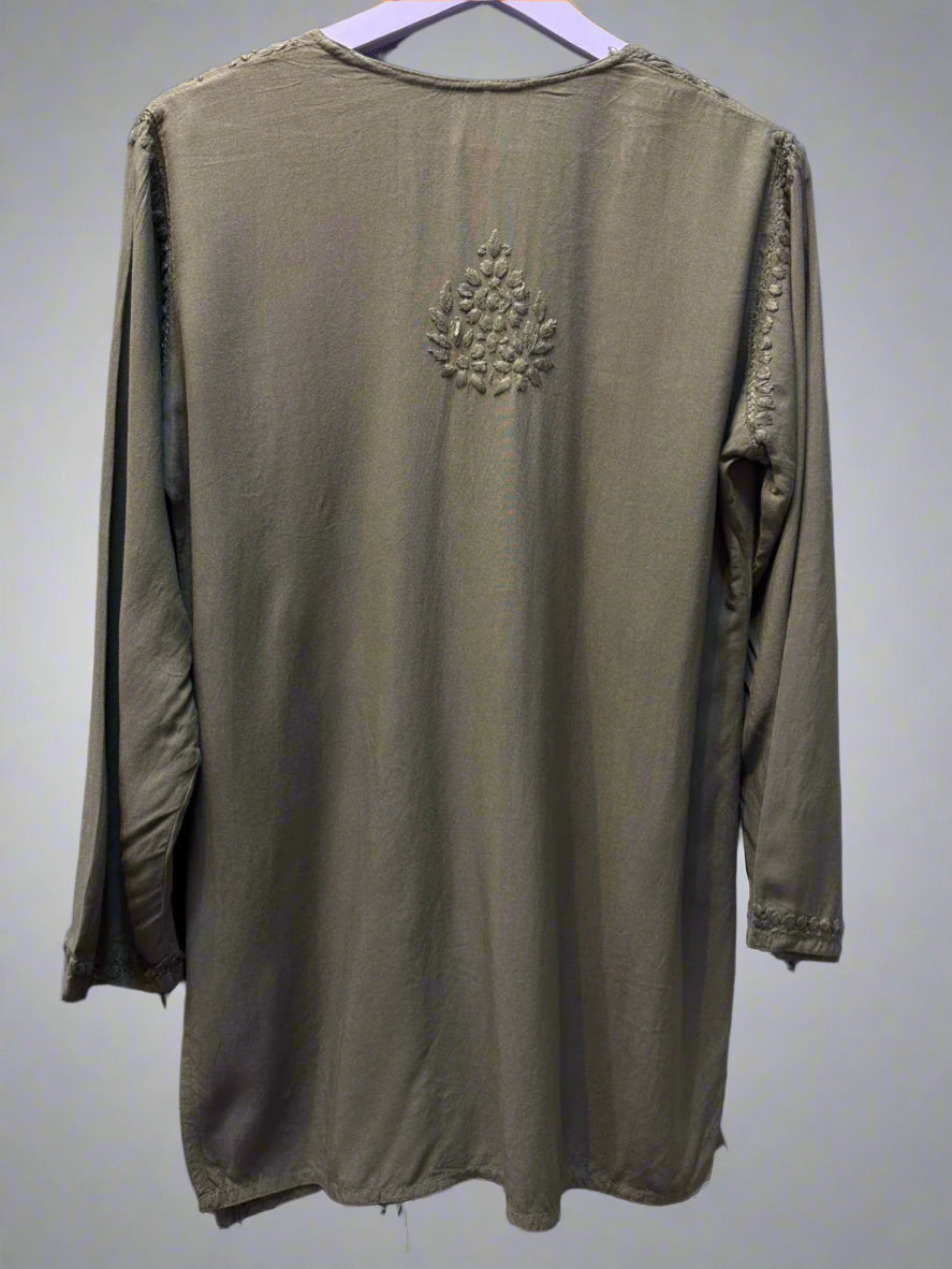 Chikankari embroidered short kurti tone on tone style in Olive Green rear view