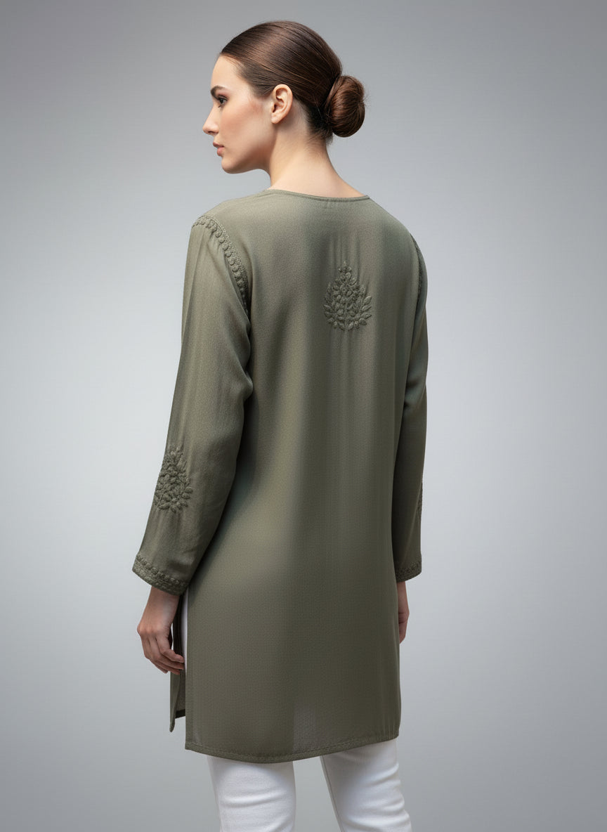Chikankari embroidered short kurti tone on tone style in Olive Green rear view