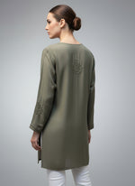 Chikankari embroidered short kurti tone on tone style in Olive Green rear view