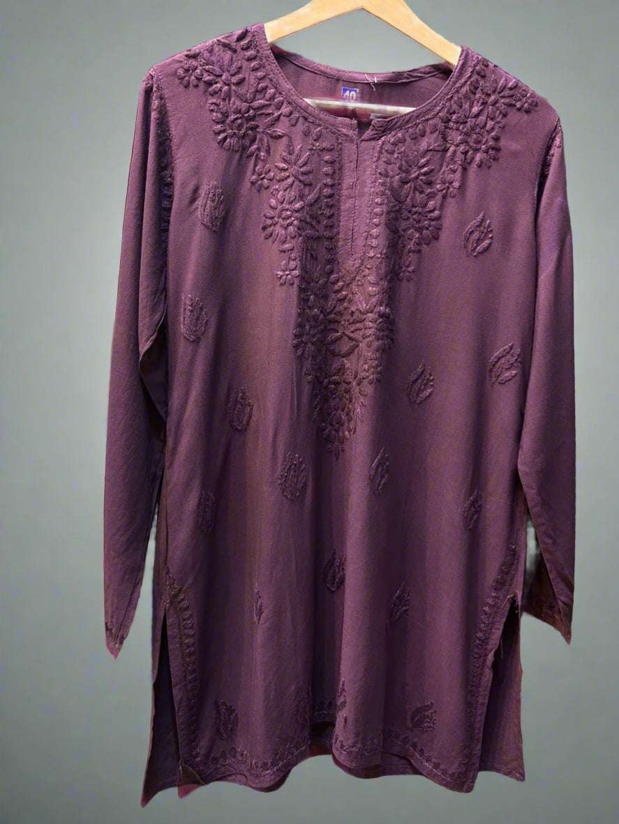 Chikankari embroidered short kurti tone on tone style in Purple