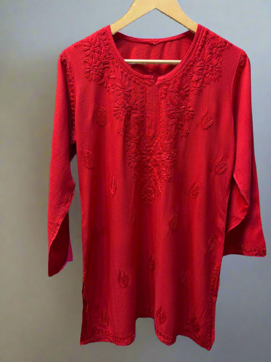 Chikankari embroidered short kurti tone on tone style in Red