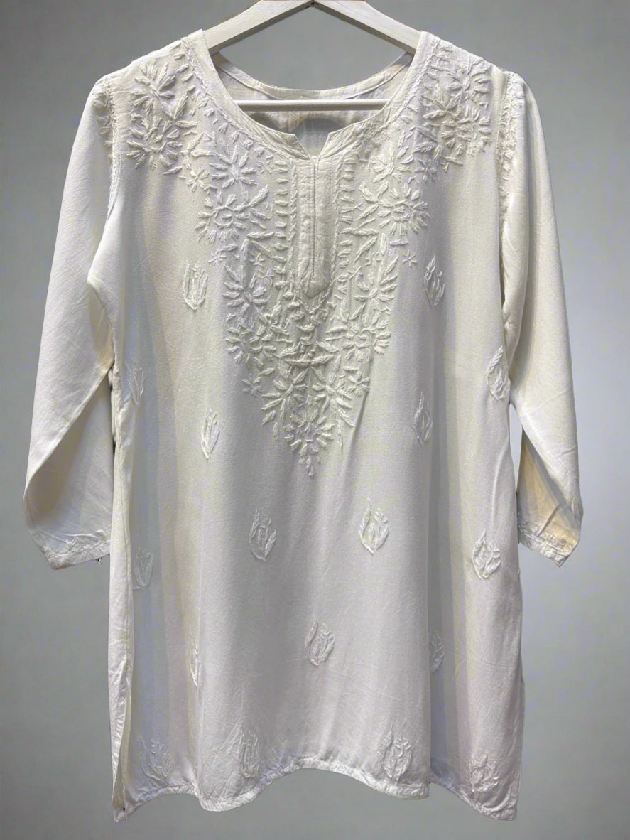 Chikankari embroidered short kurti tone on tone style in White