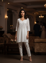 Chikankari short kurti, white with hand embroidery