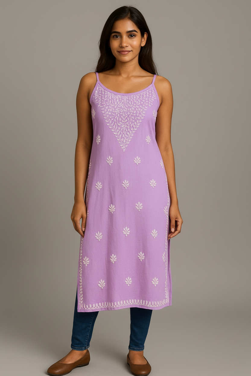 Model wearing Chikankari slip dress kurti in lavender colour