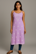 Model wearing Chikankari slip dress kurti in lavender colour