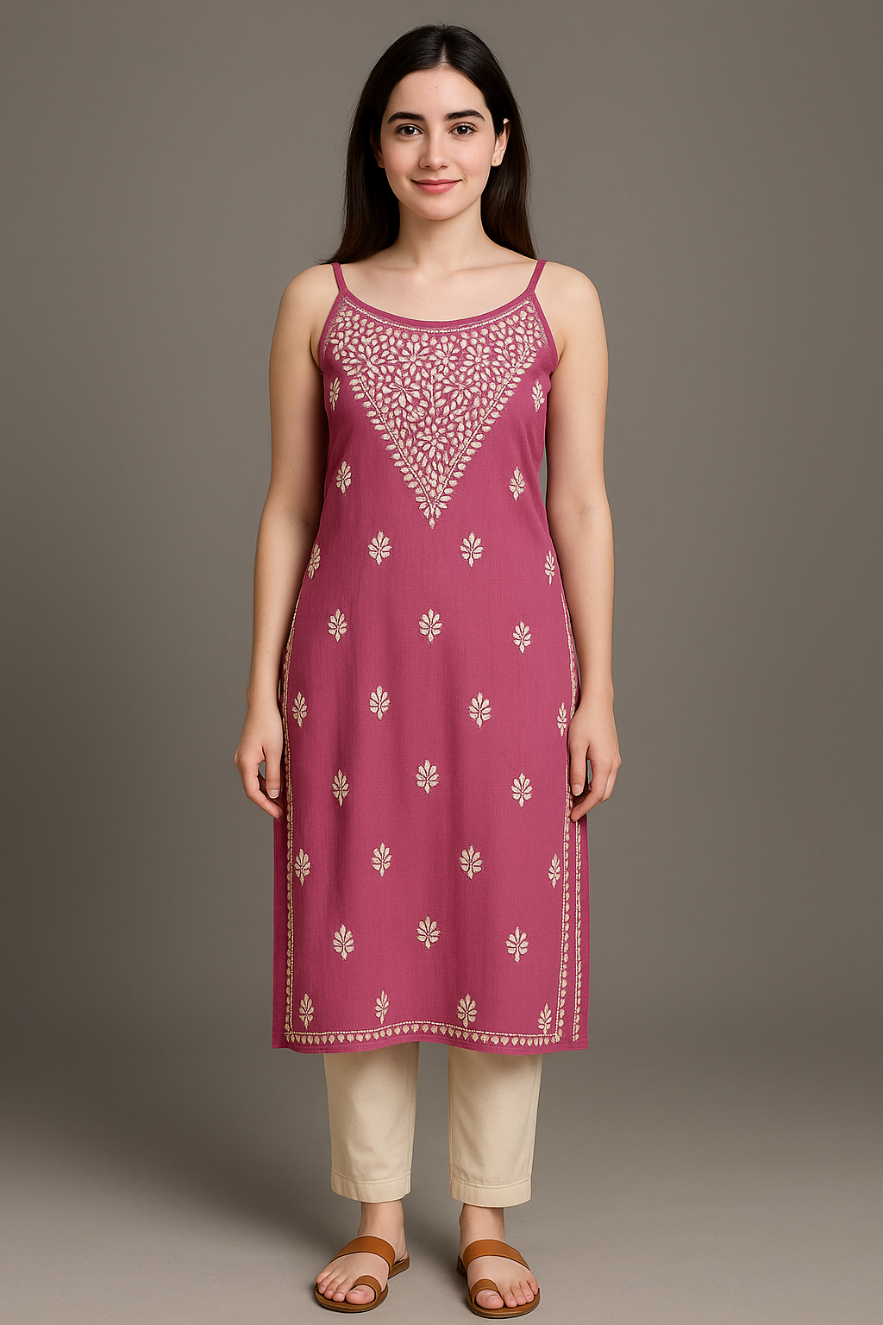 Model wearing Chikankari slip dress kurti in lilac colour