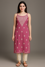 Model wearing Chikankari slip dress kurti in lilac colour
