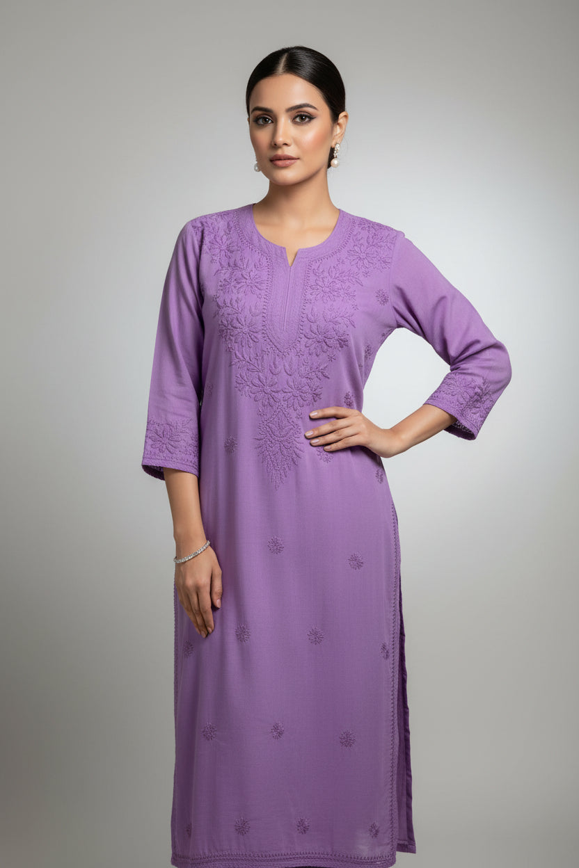 chikankari kurti tone on tone lavender