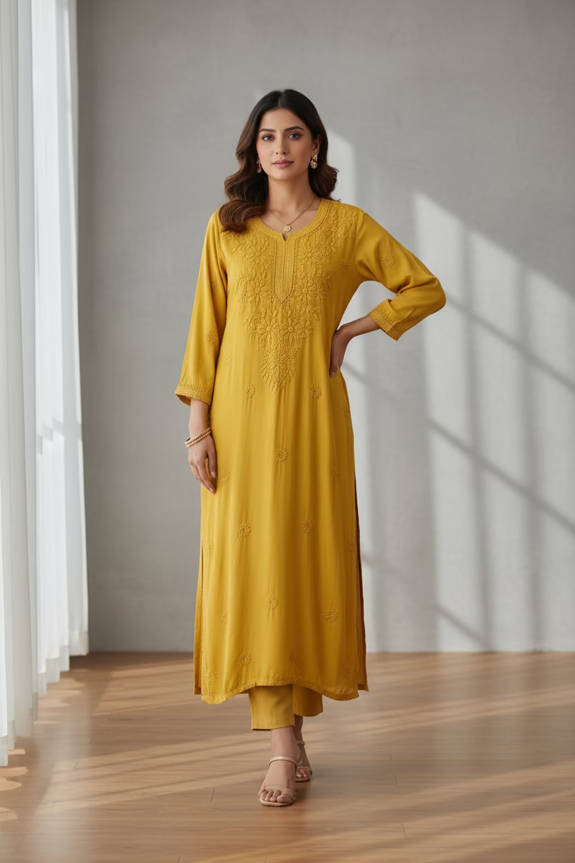 chikankari kurti tone on tone mustard