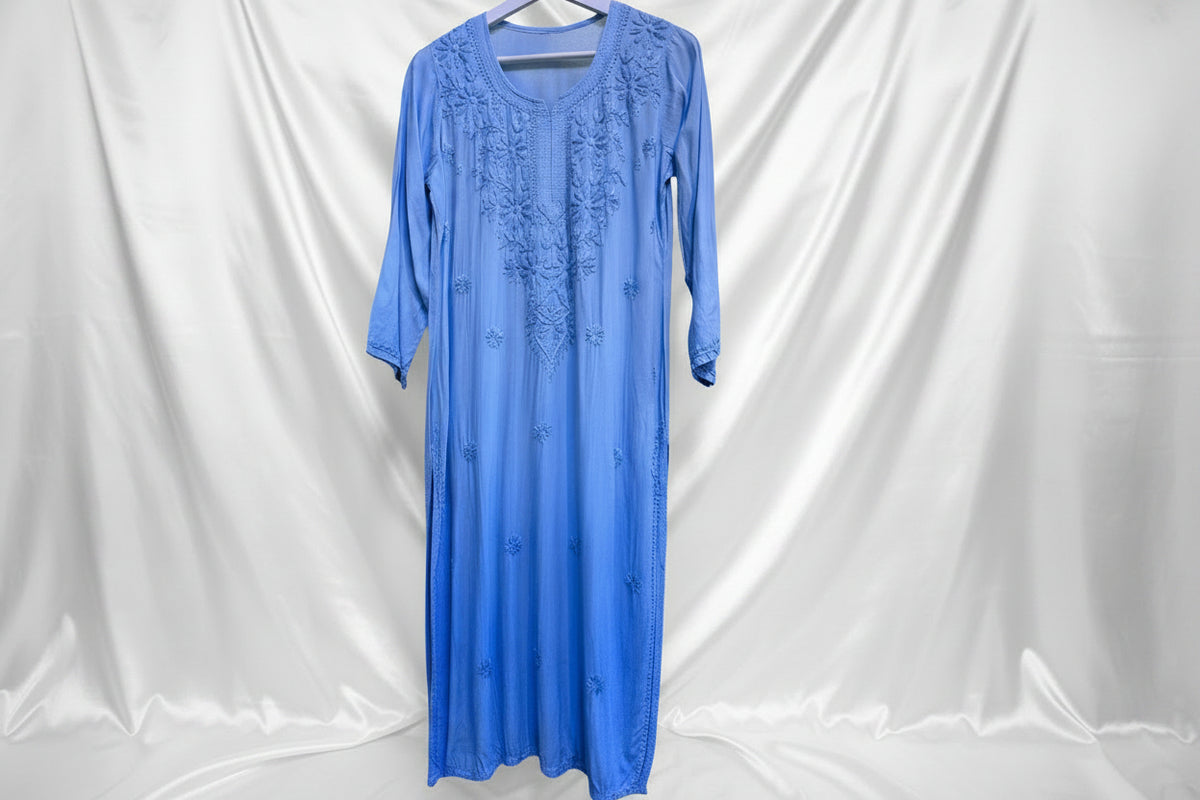 chikankari kurti tone on tone sky blue