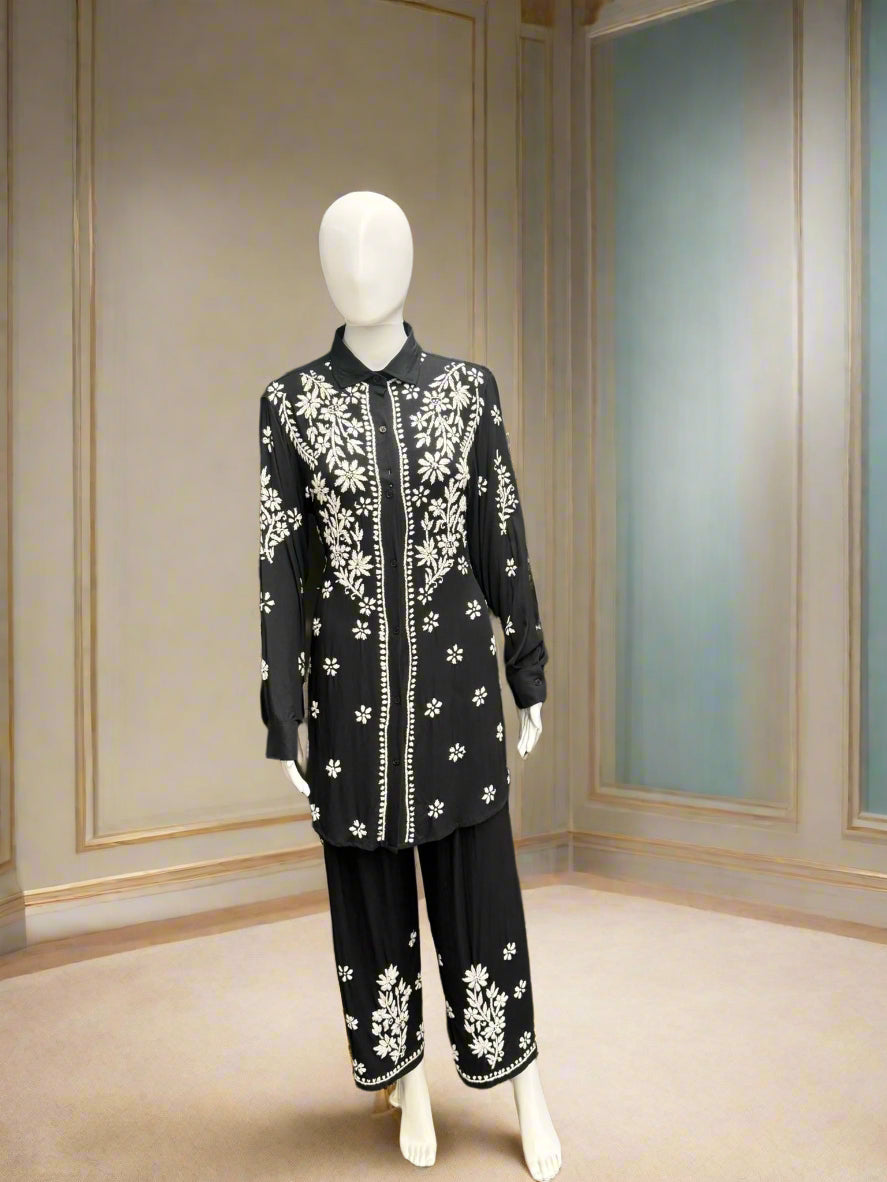 Chikankari cord set, consisting of shirt and matching trouser in black