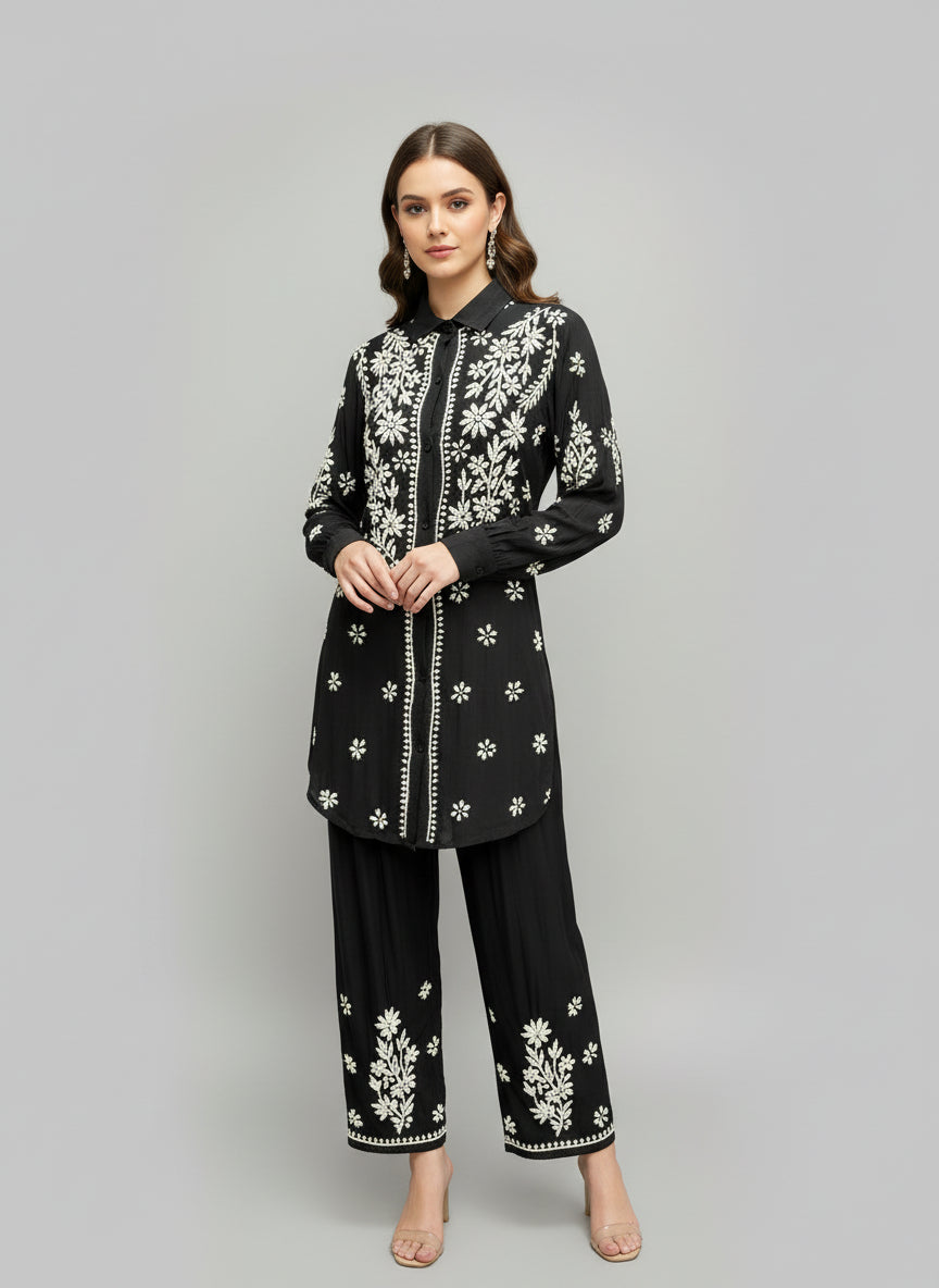 Chikankari cord set, consisting of shirt and matching trouser in black colour rayon fabric