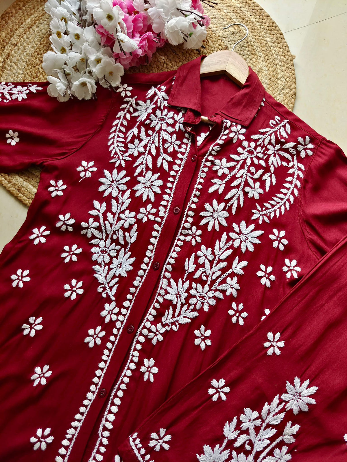 chikankari kurti trouser cord set maroon close up