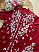 chikankari kurti trouser cord set maroon close up